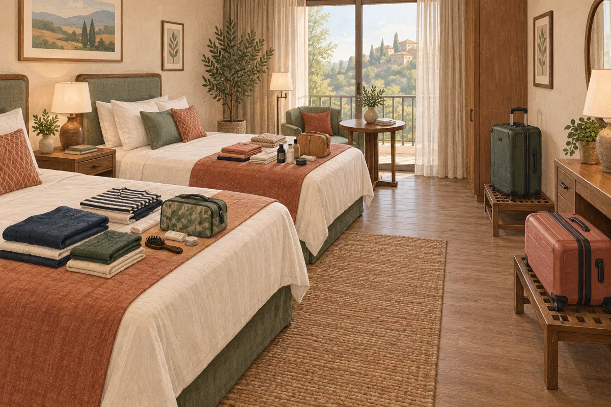 Illustration of a shared hotel room with organized luggage, clothes and toiletries.