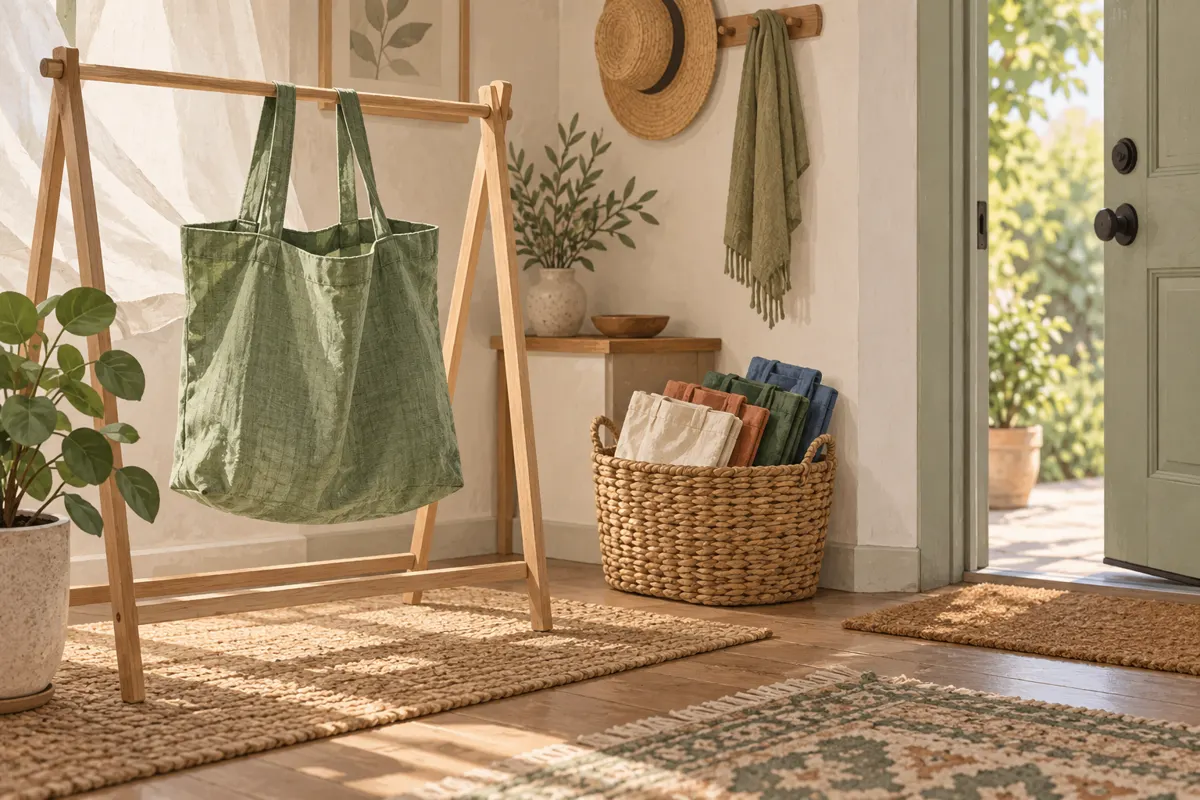 Illustration of an open reusable shopping bag drying beside neatly folded bags in a basket.