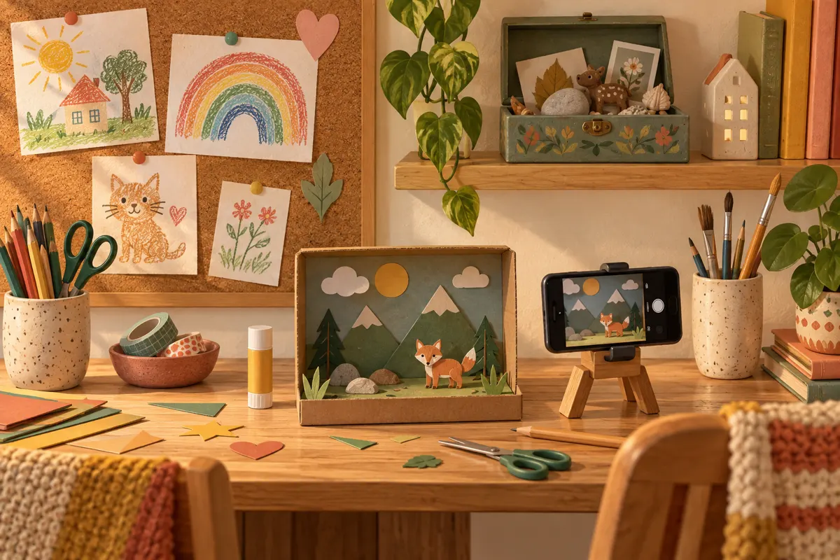 Illustration of a small children's artwork display, a keepsake box and a phone photographing a cardboard project.