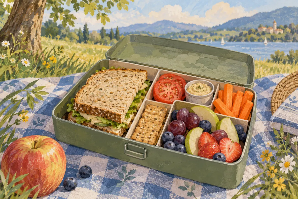 Illustration of a picnic sandwich with wet fillings and crunchy sides packed separately.