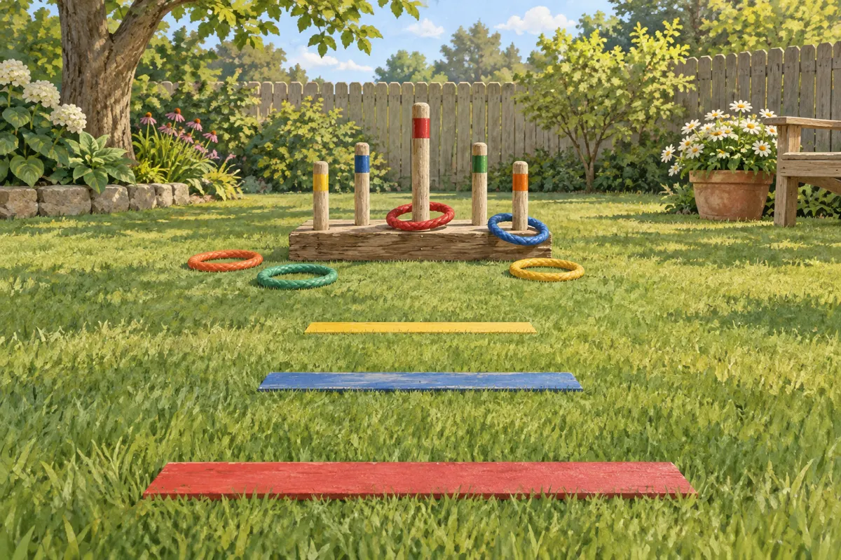 Illustration of a backyard ring toss target with throwing markers at different distances.