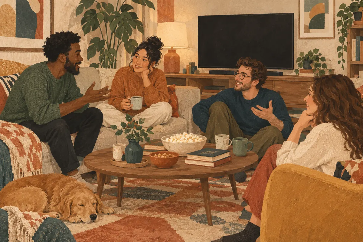 Illustration of friends discussing a movie together in a living room.