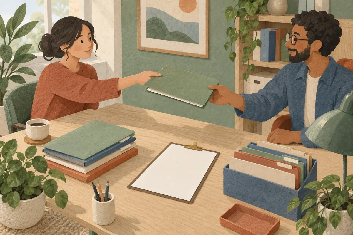 Illustration of colleagues passing a folder beside an organized desk and blank checklist.
